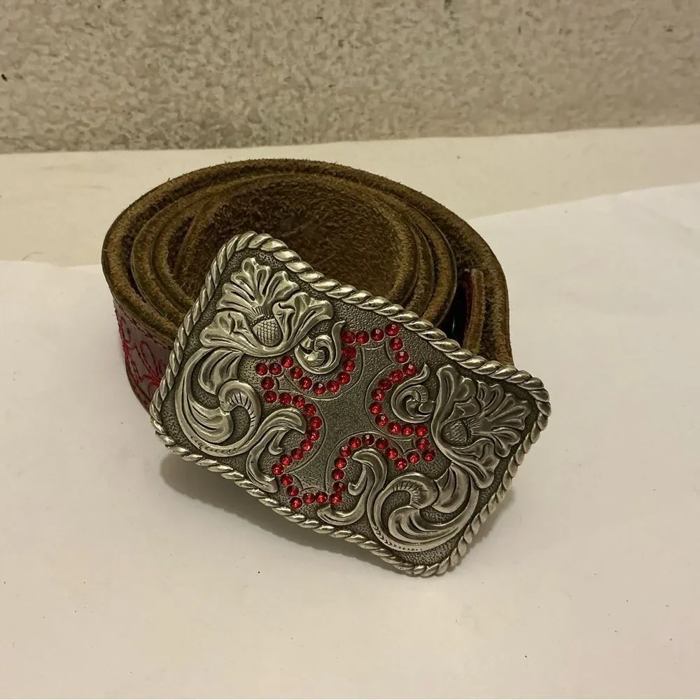 Enmon engraved rhinestone cross western Silver Buckle Belt with Red Accents